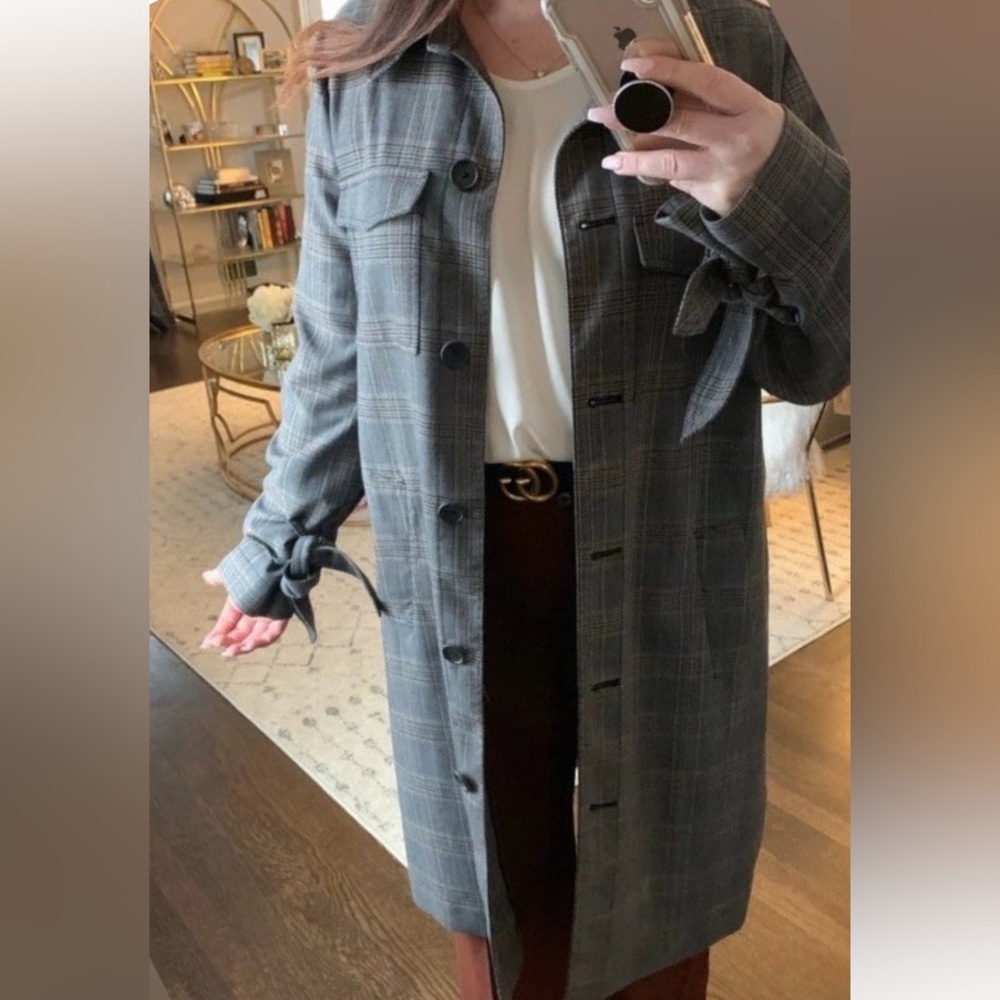 Derek Lam 10 Crosby Grey Plaid Long Blazer Jacket Coat Buttons Tie Sleeves 🧥🩶